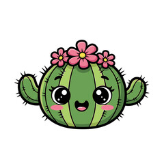 Fototapeta premium Cute cartoon cactus with pink flowers on its head, smiling with big eyes and rosy cheeks.
