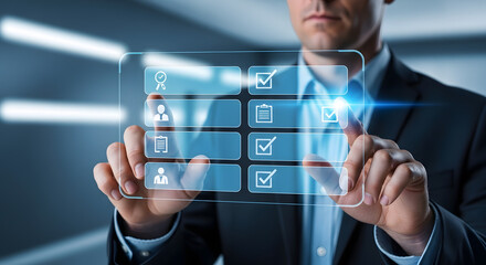 Businessman interacting with futuristic digital interface screen for data analysis and decision making