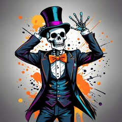 Vector image with a cheerful skeleton in full growth in a black top hat and a black bow tie around his neck, dancing in Halloween style.