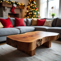Close-up of live edge wooden coffee table near sofa in a modern living room with Christmas tree, fairy lights, and festive d&eacute;cor.