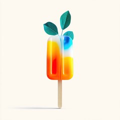 Colorful popsicle, artfully rendered with layered gradients, topped with stylized leaves on a stick