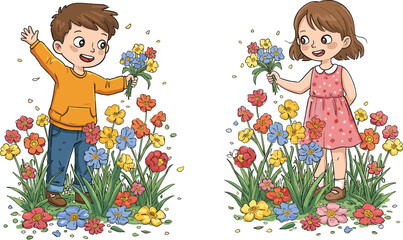 Happy children picking colorful flowers in garden, cute boy and girl smiling, holding floral bouquet, spring season nature illustration, cartoon design
