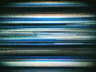 Glitchy horizontal lines of various colors and widths create a textured, distorted digital screen