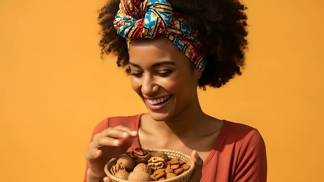 Smiling Black woman with Afro holds nuts basket. Healthy snack concept, wellness nutrition, diet, organic eating. Natural food lover with colorful headscarf, vegetarian diet.