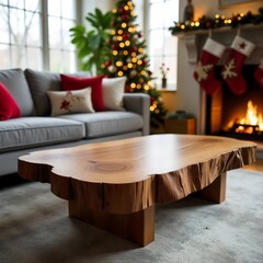 Close-up of live edge wooden coffee table near sofa in a modern living room with Christmas tree, fairy lights, and festive d&eacute;cor.