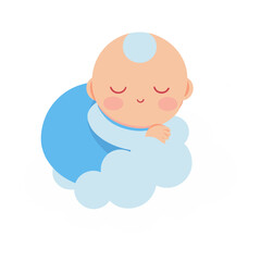 Cute sleeping baby dreaming peacefully on a cloud vector graphic illustration isolated