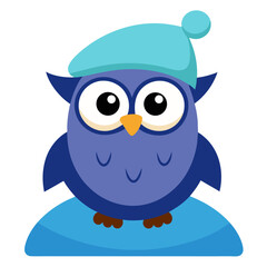 Cute Cartoon Owl with Blue Winter Hat Sitting on a Cloud Graphic Illustration