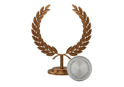 Silver medal isolated with bronze laurel wreath, award for second place achievement