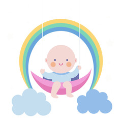 Adorable baby on a crescent moon swing surrounded by rainbow and fluffy clouds happy and sweet