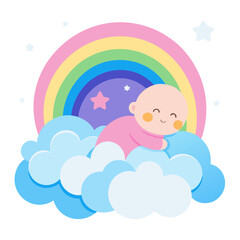 Adorable Cartoon Baby Crawling on Fluffy Clouds with Rainbow Background and Stars Illustration