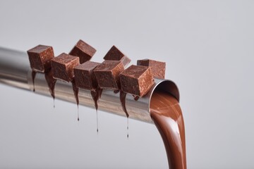 Flow of Warm Liquid from Stainless Steel Pipe with Chocolate Cubes Balanced on Top