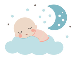 Sleeping baby on a cloud with moon and stars adorable dreamy baby illustration