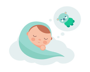 Dreaming of Teddy Bears A Cute Sleeping Baby Illustration Surrounded by Comfort and Sweet Childhood Imaginations