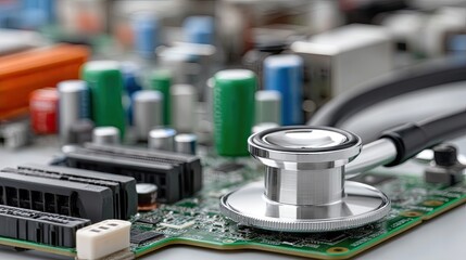 Close-up view of a stethoscope placed on a printed circuit board highlighting the intersection of technology and healthcare