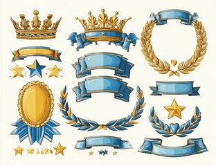 Elegant illustrations of golden crowns, ribbons, stars, wreaths, and medallions, blue accents