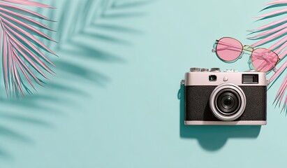 Flatlay of retro camera, pink sunglasses, palm leaf shadows on blue background