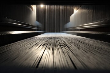 Vast Loom Casting Long Sharp Shadows Over Empty Space with Threads of Light and Darkness