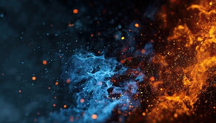 Abstract depiction of fire and ice meeting; blue smoke clashes with orange flames