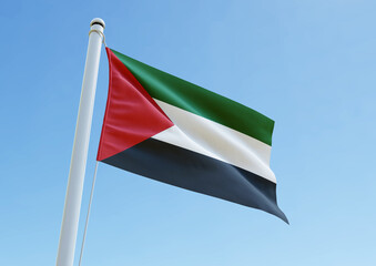 Palestine flag waving proudly on a flagpole against blue sky background. National symbol of independence, strength, and unity for the Palestinian people. Perfect for editorial and cultural use.