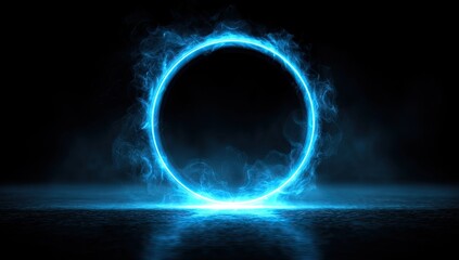 Glowing blue ring of energy emitting smoke, reflecting on dark surface