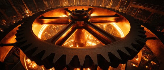 Massive Industrial Metal Gear Wheel Spinning Slowly in Lighted Mechanism with Intricate Design