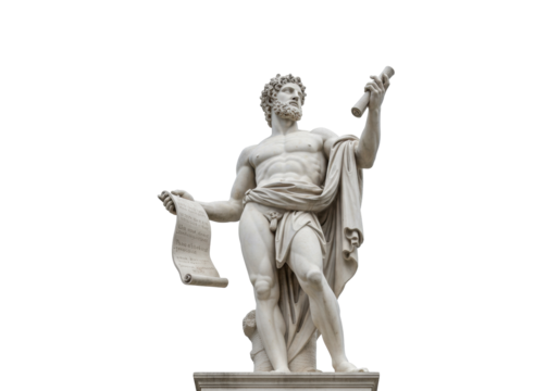 Marble statue of a man holding scrolls isolated on transparent background, ancient sculpture PNG - Powered by Adobe