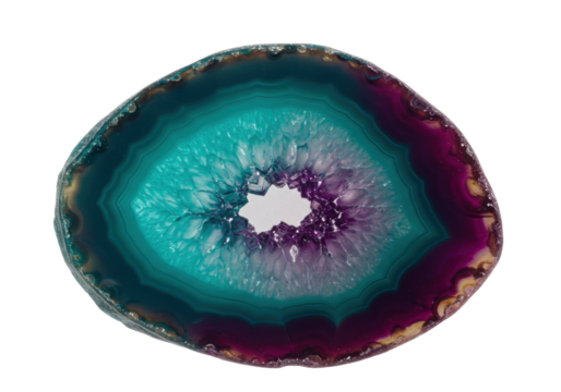 Polished agate slice isolated on transparent background, colorful gemstone with concentric bands