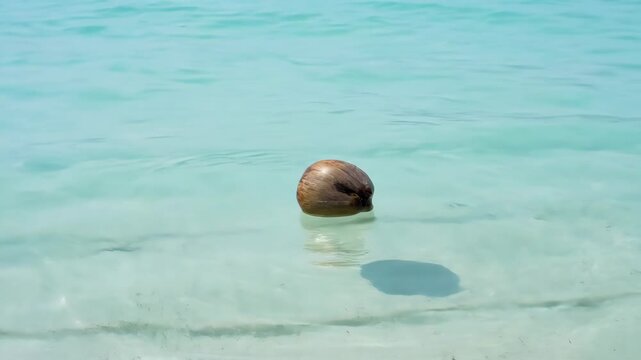Coconut floating in calm turquoise water with shadow on the sandy beach from a serene viewpoint