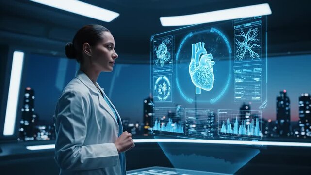 Doctor Interacting with Futuristic Hologram Heart - A female doctor in a white coat interacts with a futuristic medical hologram displaying a 3D model of a human heart and other medical data. - Powered by Adobe