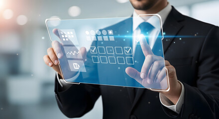 Businessman interacting with futuristic transparent digital interface technology screen