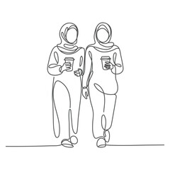 Vector line drawing sketch of two walking young Muslim women, hand drawn illustration.