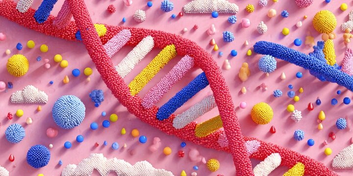 Colorful DNA helix surrounded by diverse, textured shapes on a pink background