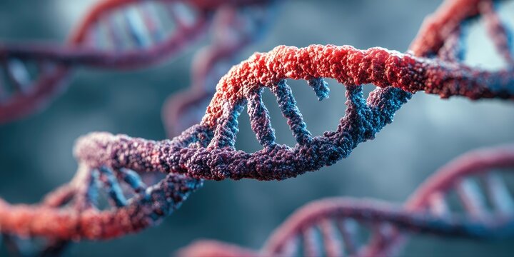 Close-up of a detailed, illuminated DNA double helix, showcasing its twisted structure
