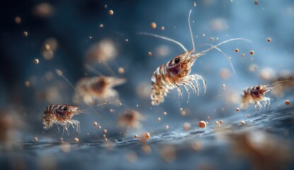 Microscopic view of small, translucent crustaceans with fine legs and antenna, suspended in water