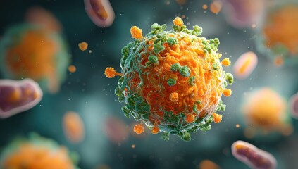 A close-up, vibrant, digitally rendered illustration of a virus with a green, orange, and blue hue