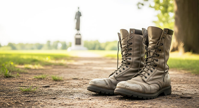 A pair of worn military boots on a dirt path outdoors day