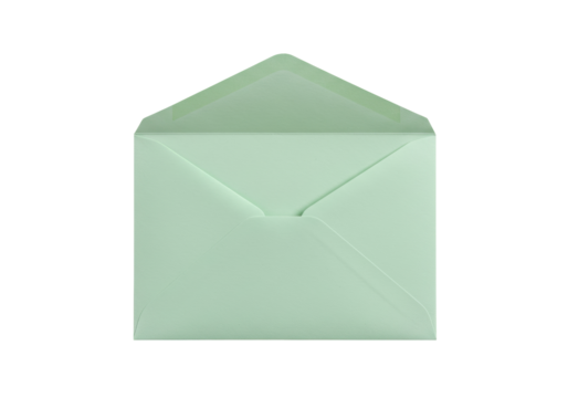 Open light green envelope isolated on white, blank stationery for invitations and greetings