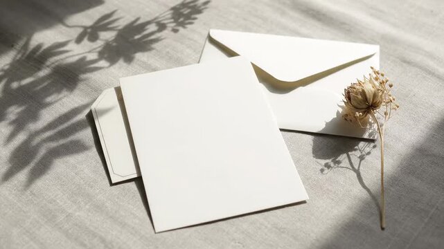 Elegant Wedding Stationery Mockup - A blank wedding invitation card, envelope, and tag rest on a linen fabric background.