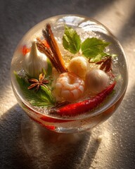 Colorful Thai Soup Ingredients with Shrimp, Spices, Aromatic Herbs, and a Touch of Elegance