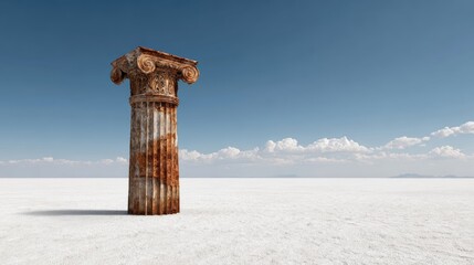Ancient Greek Parthenon Column Made of Rusted Steel Standing Alone Against a Blue Sky
