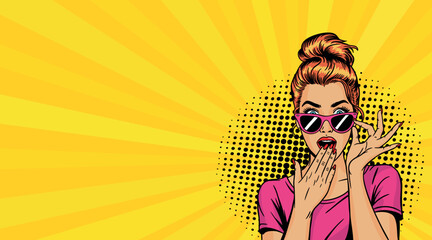 Surprised woman wearing sunglasses. Vector illustration in pop art style.