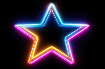 A neon star outline in vibrant blues, pinks, oranges, and yellow against a black backdrop