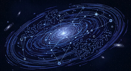 Digital galaxy swirl with binary code and stars