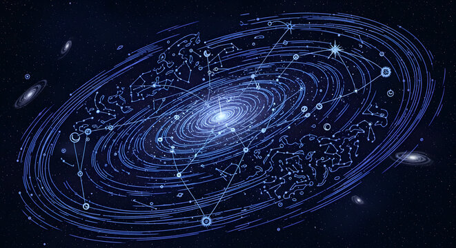 Digital galaxy swirl with binary code and stars - Powered by Adobe