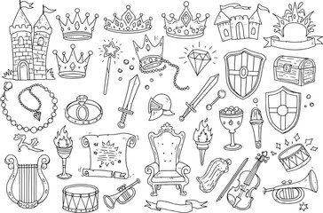 Fototapeta premium Doodle Hand Drawn Royal Medieval Fairytale Objects Icons Set Vector Illustration