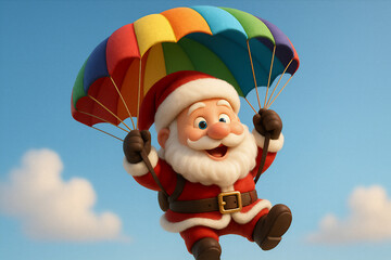 3D Santa Claus flying with colorful parachute, joyful expression