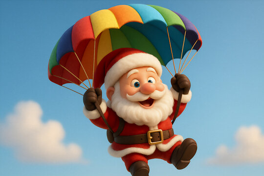 3D Santa Claus flying with colorful parachute, joyful expression