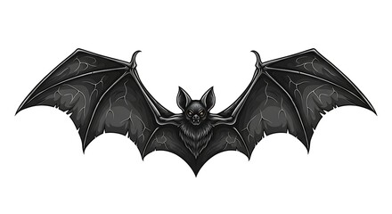 Detailed Black Bat Illustration with Spread Wings on White Background