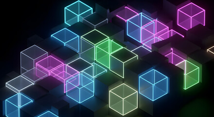 Abstract neon cubes in geometric arrangement