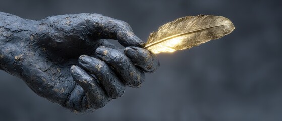Handcrafted Sculpture in Rodin Style Featuring Dark Concre and a Golden Feather Element
